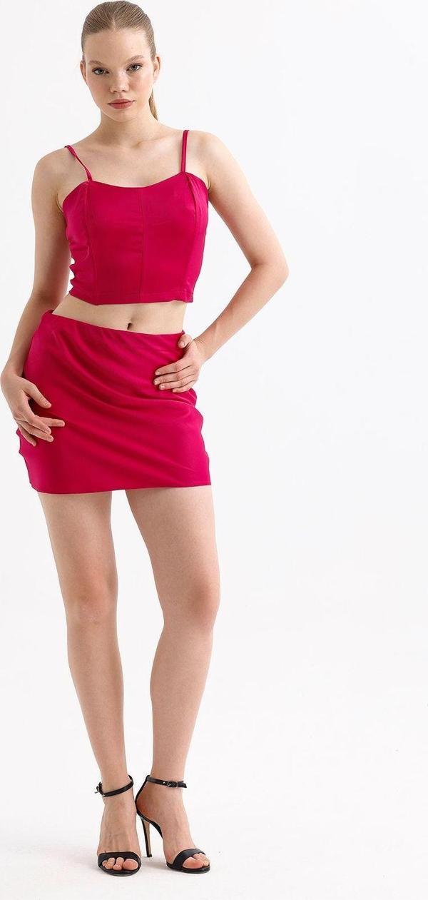 Sense Beli Lastikli Saten Mini Etek | Etk35774 Fuşya - Image 1