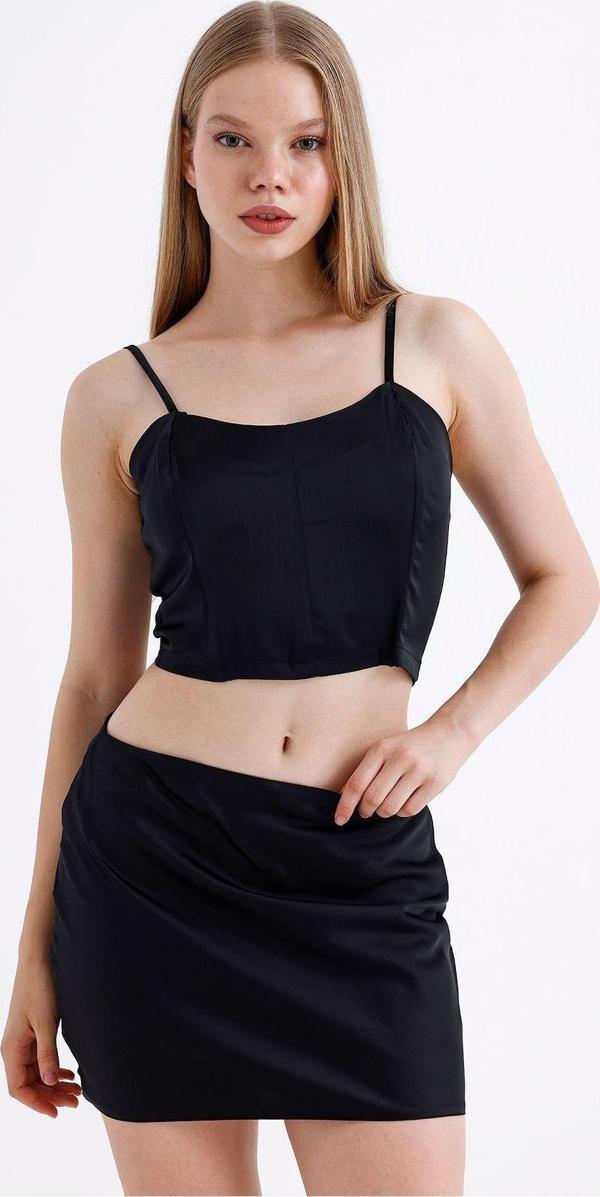 Sense Beli Lastikli Saten Mini Etek | Etk35774 Siyah - Image 1
