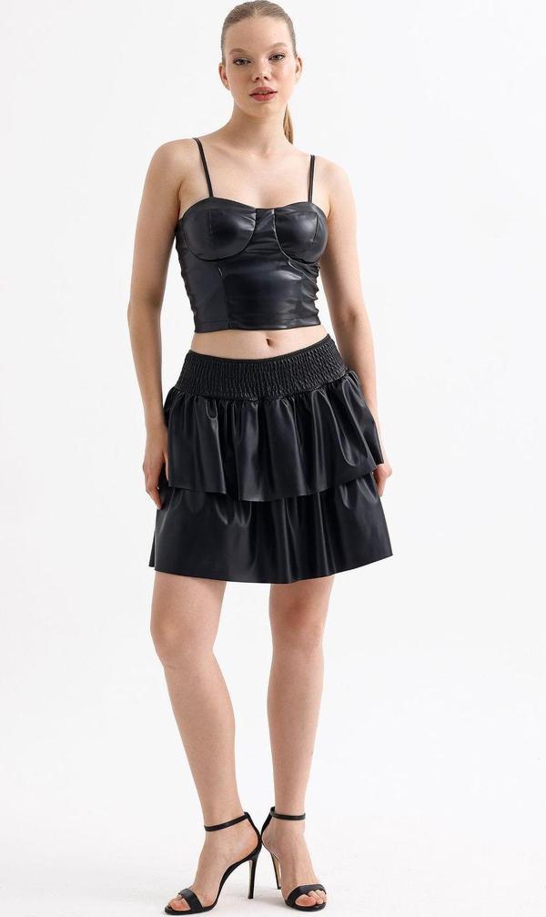 Sense Suni Deri Gibeli Volonlu Kloş Mini Etek | Etk35846 Siyah - Image 1
