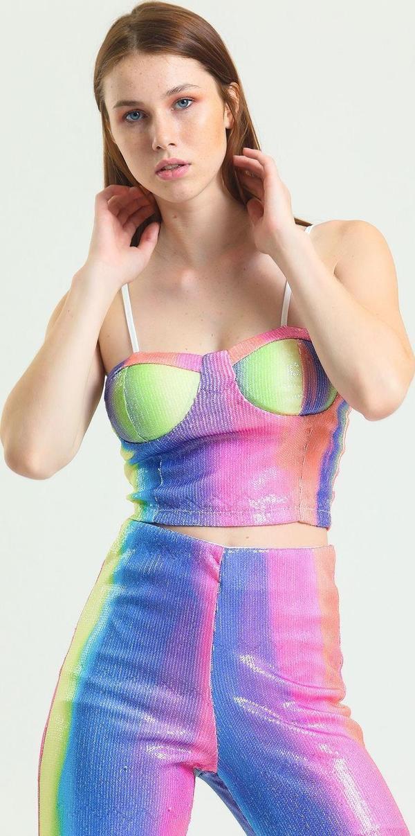 Sense Gloplu Fermuarlı Pul Payet Bustiyer | Bus32675 Gökkuşağı - Image 1