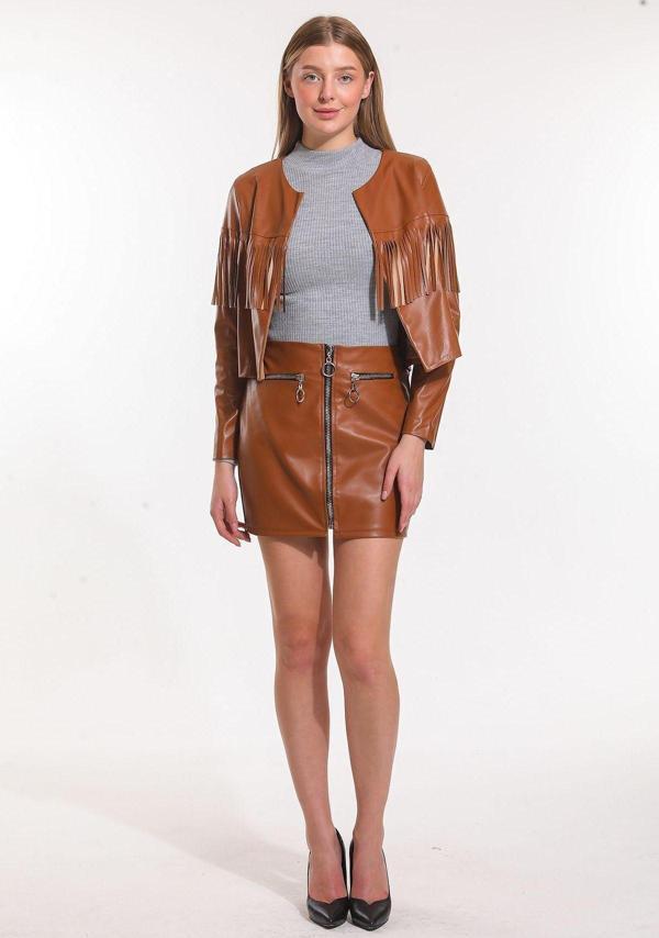 Sense Metal Fermuarlı Deri Mini Etek | Etk33132 Taba - Image 1