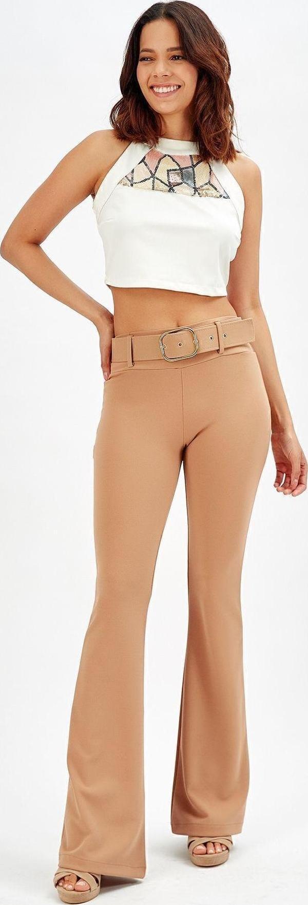 Sense İspanyol Paça Kemerli Örme Kumaş Pantolon Pnt32439 Bej - Image 1