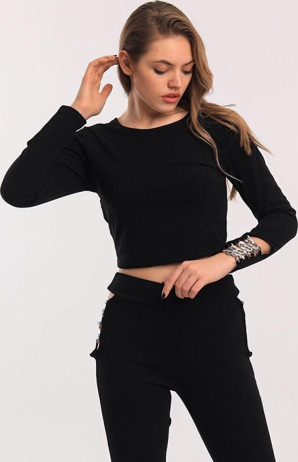 Sense Kol Ucu Gümüş Halka Zincirli Scuba Krep Bluz | Blz33934 Siyah - Image 1
