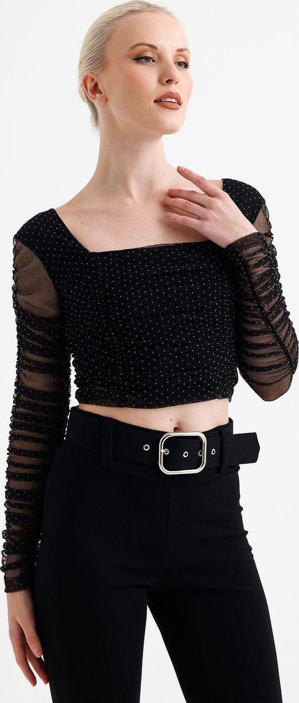 Sense Kare Yaka  Uzun Kol Lastik Büzgülü Tül Abiye Bluz | Blz33886 Siyah - Image 1