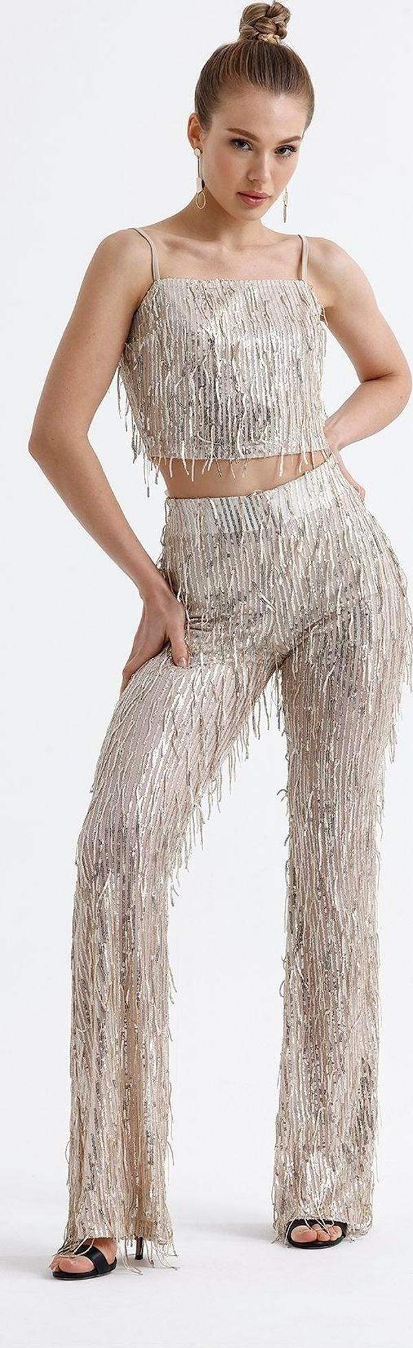 Sense Astarlı Esnek Bel Pul Payet Abiye Pantolon | Pnt36031 Bej - Image 1