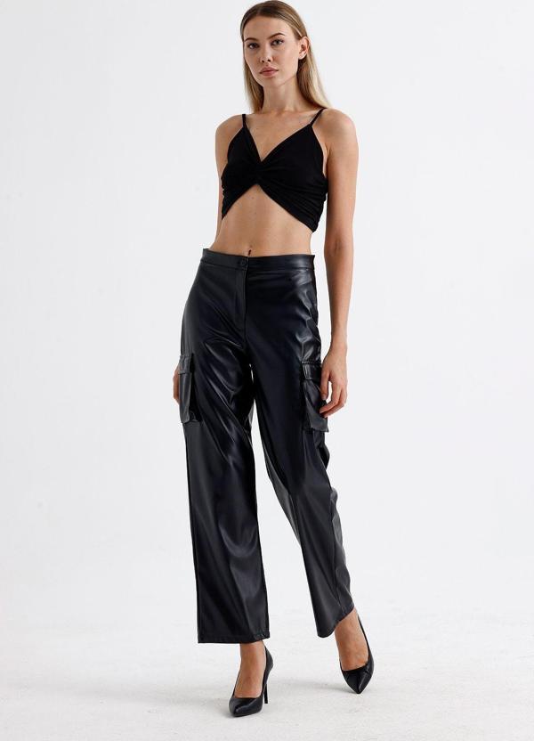 Sense Kargo Cepli Suni Deri Pantolon | Pnt35246 Siyah - Image 1