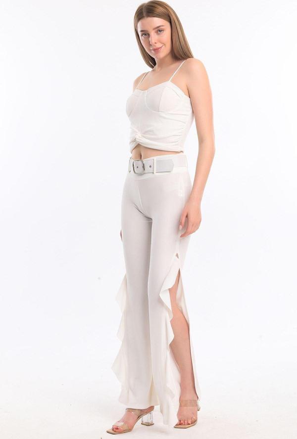 Sense Volanlı Kemerli Scuba Krep Pantolon | Pnt33394 Ekru - Image 1