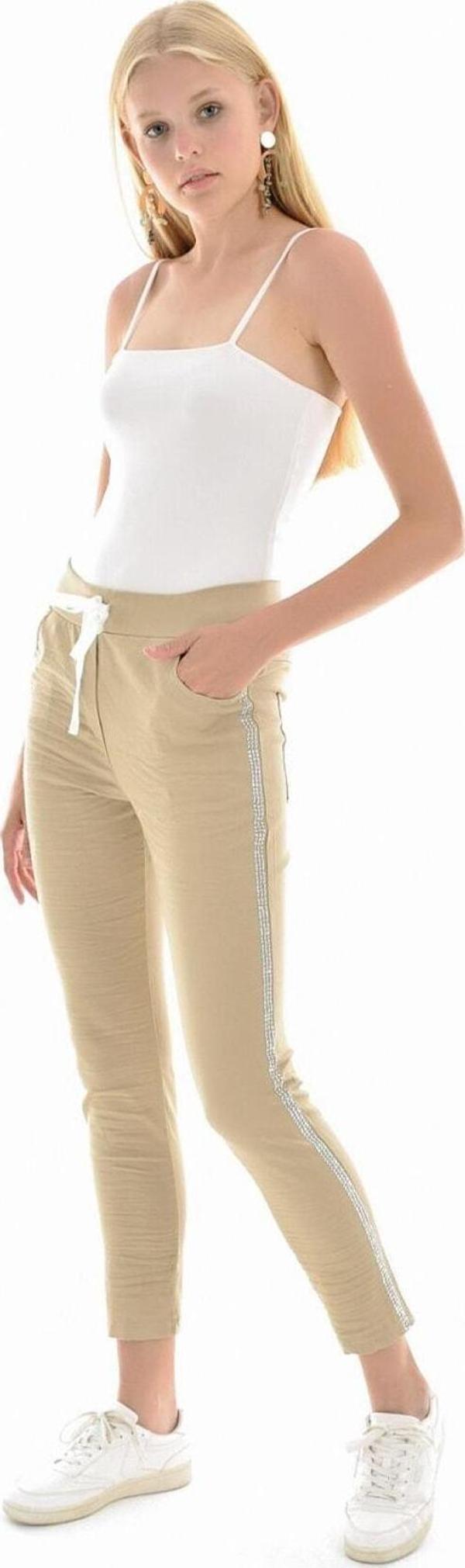 Sense Kadın Bej Beli Bağcıklı Pantolon Pnt32062 - Image 1