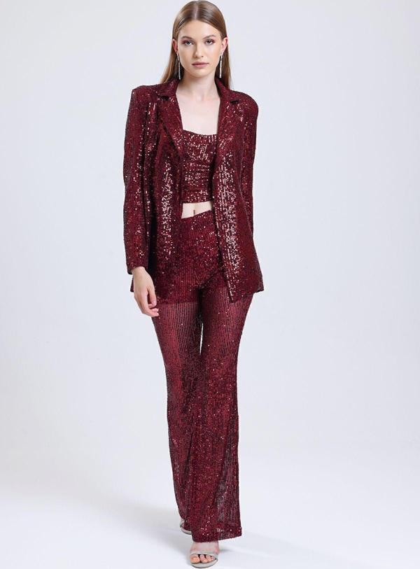 Sense Astarlı Gizli Fermuarlı Pul Payet Pantolon | Pnt32488 Bordo - Image 1