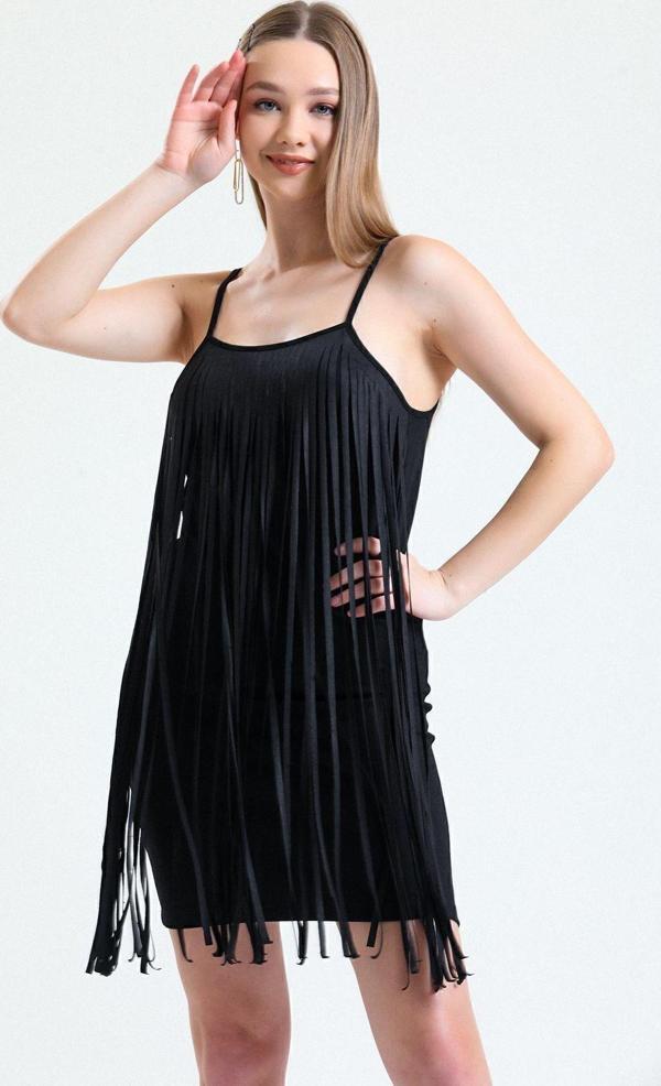 Sense Püsküllü Abiye Mini Elbise | Elb34800 Siyah - Image 1