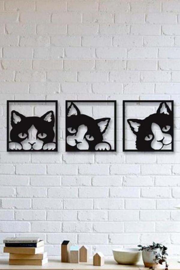 3 lü Kedi Duvar Tablosu Ahşap Kedi Tablosu MDF Kedi Tablosu - Image 1