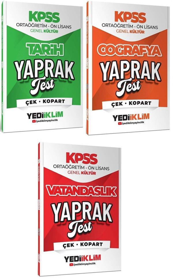 Yediiklim 2026 KPSS Lise Ortaöğretim Ön Lisans Tarih + Coğrafya + Vatandaşlık Yaprak Test 3 lü Set Yediiklim Yayınları - Yediiklim Yayınları - Image 1