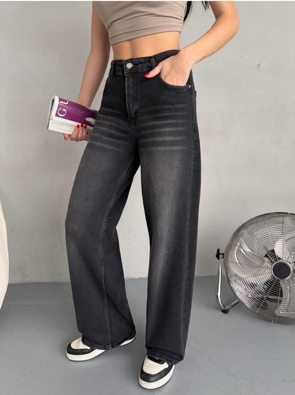 Alanora Kadın Yüksek Bel Soluk Efektli Vintage Palazzo Jeans - Image 1