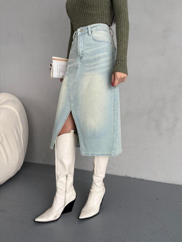 Alanora Kadın Asimetrik Kesim Yırtmaçlı Jean Etek - Image 1