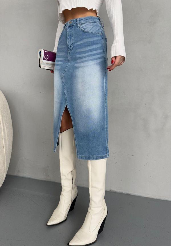 Alanora Kadın Asimetrik Kesim Yırtmaçlı Jean Etek - Image 1