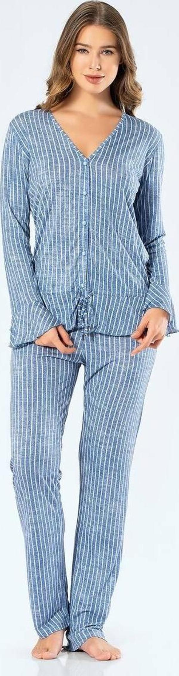 Türen Kadın Çizgili Uzun Kollu V Yaka Düğmeli Pijama Takım - Image 1