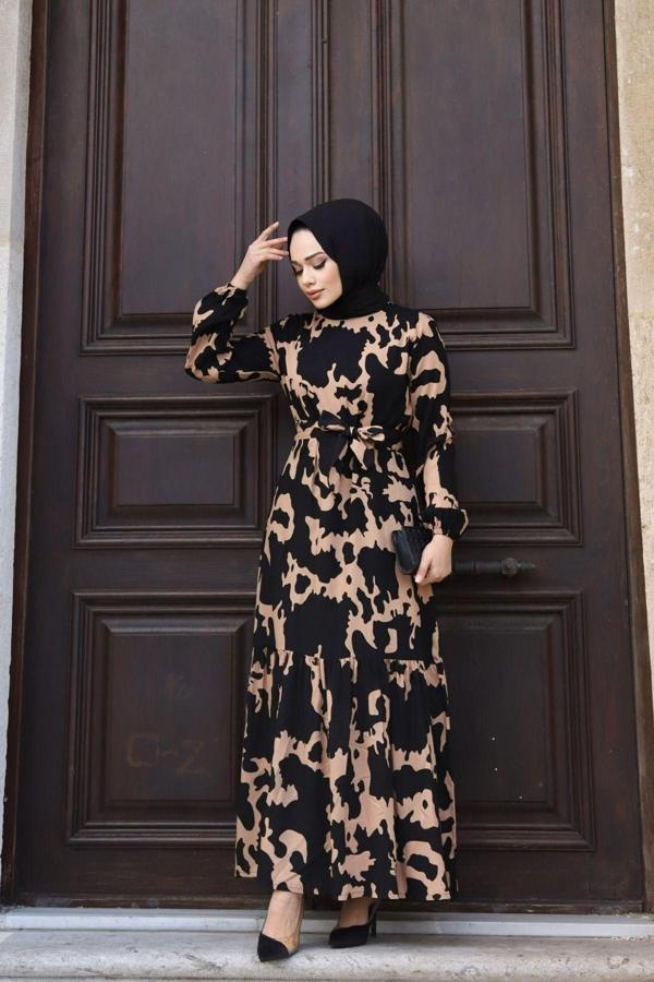 Sfg Life Moda Kadın Yazlık Tesettür Kuşaklı Dokuma Viskon Kumaş Şık Elbise Vizon 2XL - Image 1