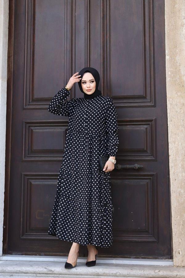 Sfg Life Moda Kadın Yazlık Tesettür Önü Düğmeli Dokuma Viskon Kumaş Şık Puantiyeli Elbise Siyah M - Image 1