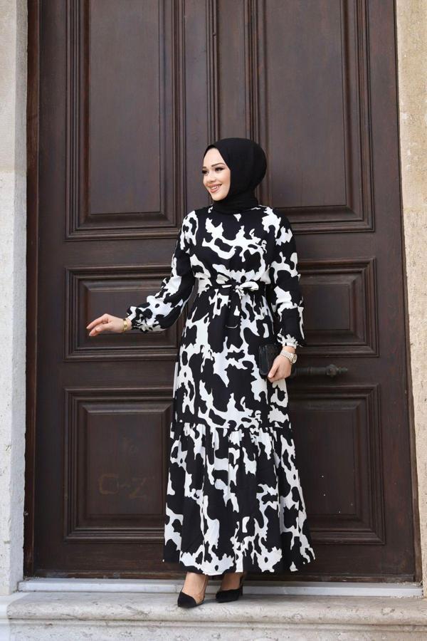 Sfg Life Moda Kadın Yazlık Tesettür Kuşaklı Dokuma Viskon Kumaş Şık Elbise Beyaz XL - Image 1