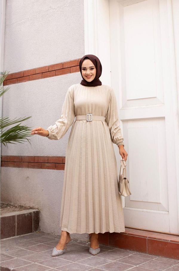 Sfg Life Moda Kadın Bisiklet Yaka,Kolu Lastikli Ve Kemerli Şık Piliseli Keten Elbise Taş 2XL - Image 1