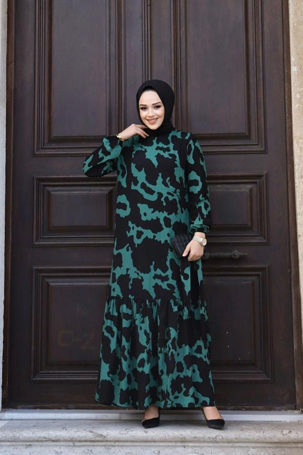 Sfg Life Moda Kadın Yazlık Tesettür Kuşaklı Dokuma Kumaş Şık Elbise Yeşil XL - Image 1