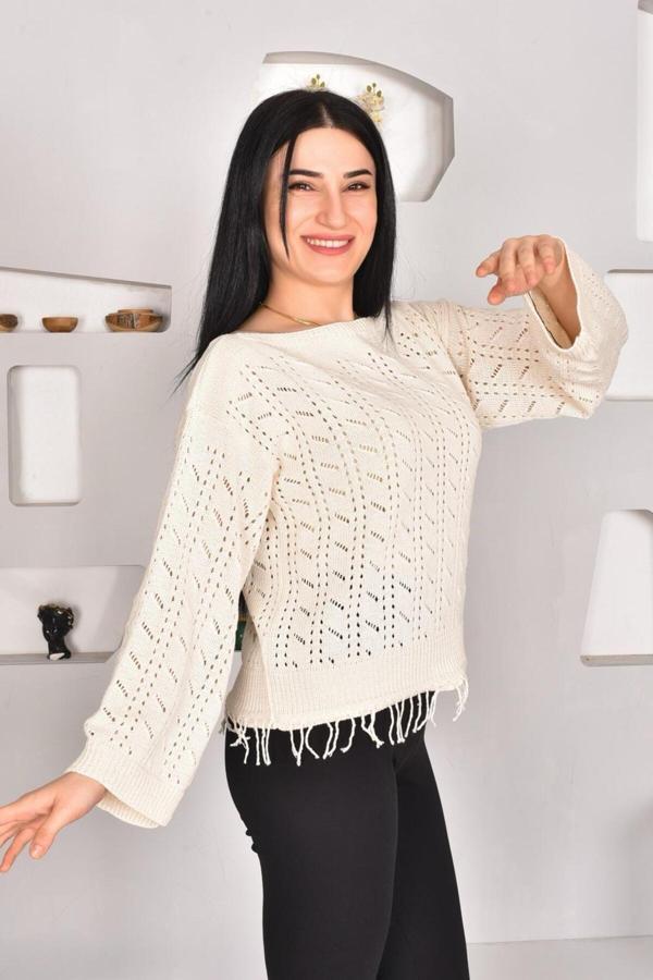 Sfg Life Moda Kadın Mevsimlik Desenli Şık Pamuk Ajurlu Kazak Taş Standart - Image 1