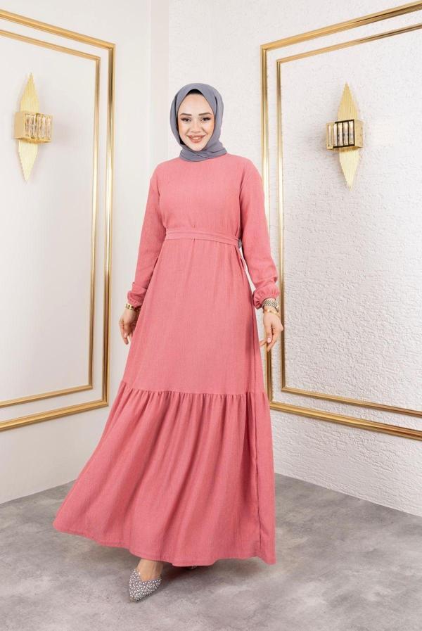 Sfg Life Moda Kadın Belden Kuşaklı Ve Bisiklet Yaka Bürümcük Kumaş Elbise Gül M-L - Image 1