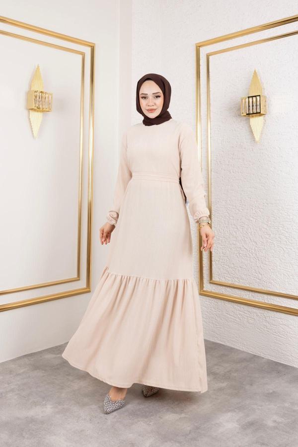 Sfg Life Moda Kadın Belden Kuşaklı Ve Bisiklet Yaka Bürümcük Kumaş Elbise Krem M-L - Image 1