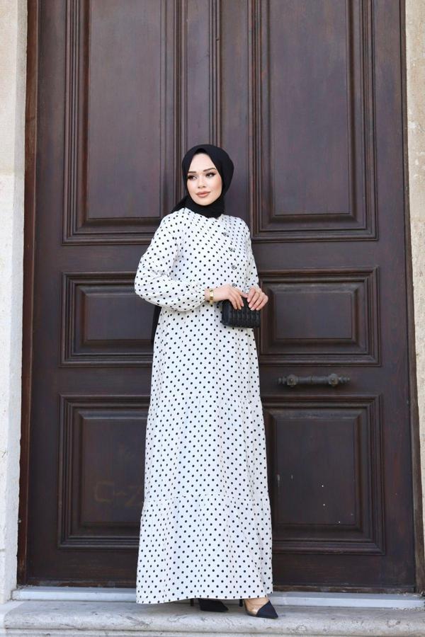 Sfg Life Moda Kadın Yazlık Tesettür Önü Düğmeli Dokuma Viskon Kumaş Şık Puantiyeli Elbise Beyaz XL - Image 1