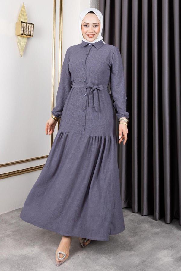 Sfg Life Moda Kadın Belden Kuşaklı Ve Bisiklet Yaka Ve Önü Düğmeli Bürümcük Kumaş Elbise Gri S-M - Image 1