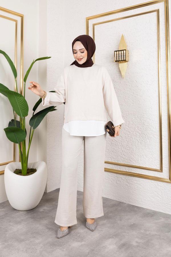 Sfg Life Moda Kadın Bisiklet Yaka Önü Gömlek Detaylı Keten İkili Pantalon Takım Bej M - Image 1