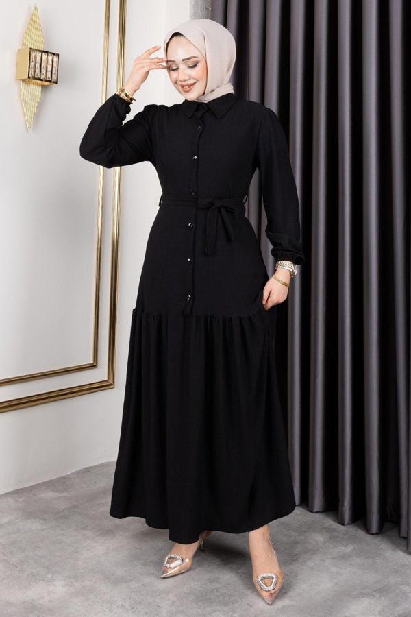 Sfg Life Moda Kadın Belden Kuşaklı Ve Bisiklet Yaka Ve Önü Düğmeli Bürümcük Kumaş Elbise Siyah L-XL - Image 1