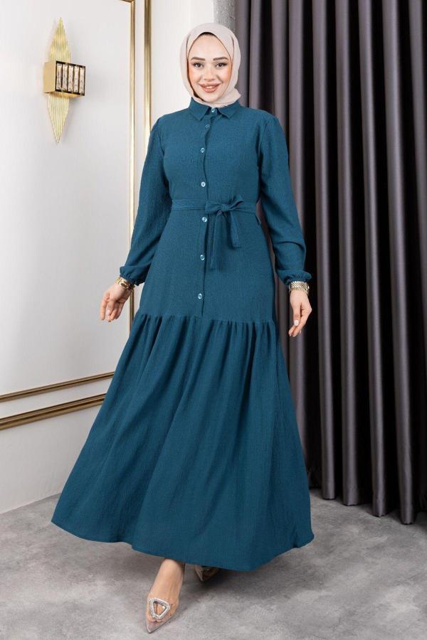 Sfg Life Moda Kadın Belden Kuşaklı Ve Bisiklet Yaka Ve Önü Düğmeli Bürümcük Kumaş Elbise Turkuaz L-XL - Image 1