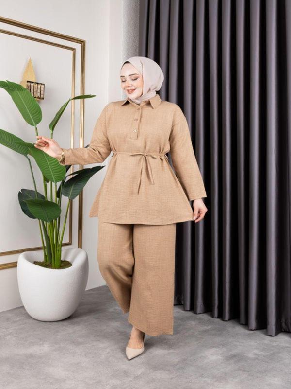 Sfg Life Moda Kadın Gömlek Yaka Ve Önü Düğme Detaylı Belden Bağcıklı Pantalon & Tunik Keten İkili Takım Bej 2XL - Image 1