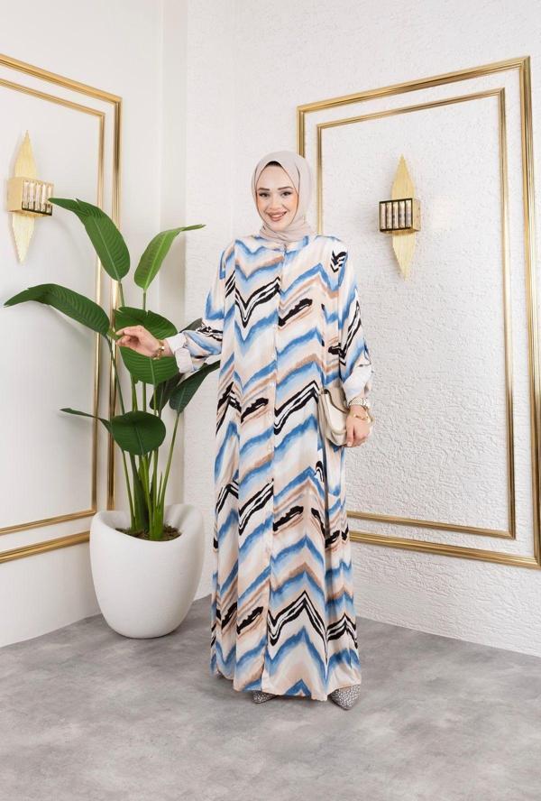 Sfg Life Moda Kadın Hakim Yaka Ve Önü Düğmeli Yandan Cep Detaylı İle Desenli Dokuma Viskon Battal Elbise Mavi M - Image 1