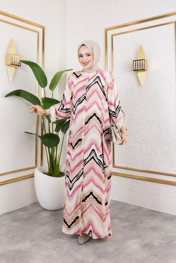 Sfg Life Moda Kadın Hakim Yaka Ve Önü Düğmeli Yandan Cep Detaylı İle Desenli Dokuma Viskon Battal Elbise Pembe L - Image 1