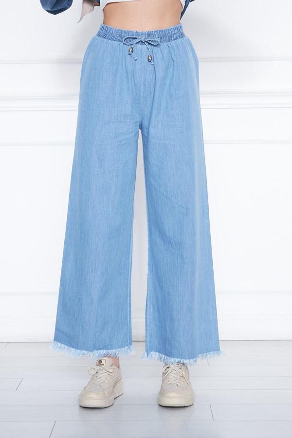 Sfg Life Moda Kadın Mavi Yazlık Paçası Püsküllü Ve Önü Bağcıklı Şık Trend Yıkamalı Salaş Kot Pantalon Mavi XL - Image 1