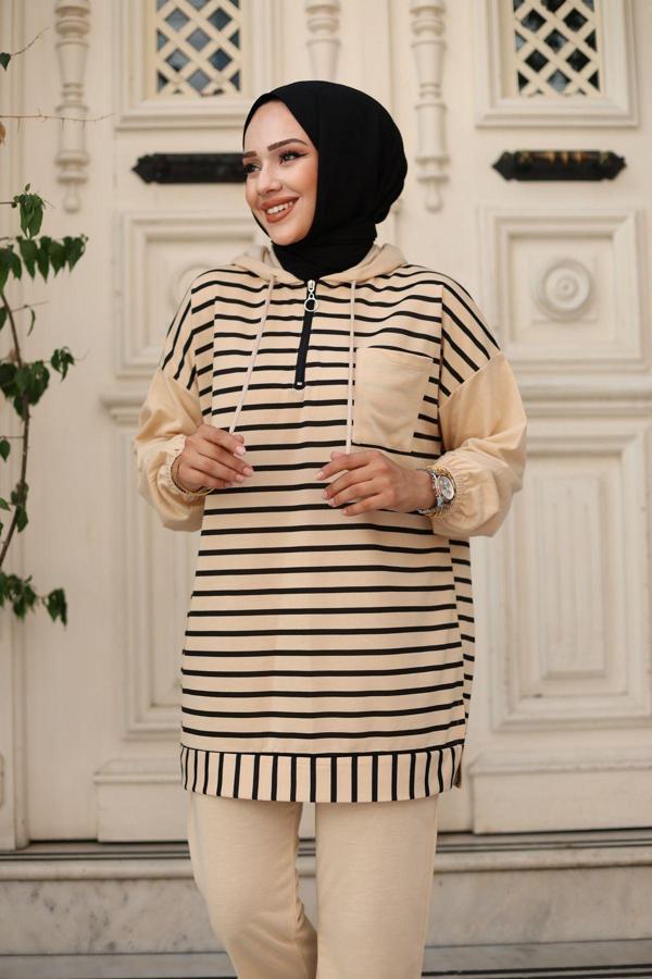 Sfg Life Moda Kadın Tesettür Giyim Kapüşonlu Ve Önü Yarım Fermuarlı Çizgili 2 İplik Pantalon İle Tunik Takım Vizon 2XL - Image 1