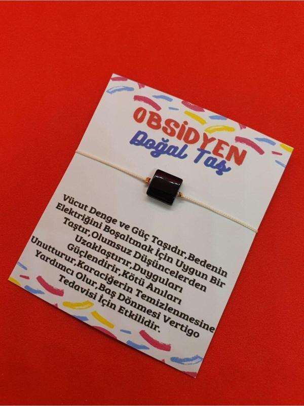 Sertifikalı Obsidyen Taşı Bileklik Ayarlamalı Kare Ipli - Image 1