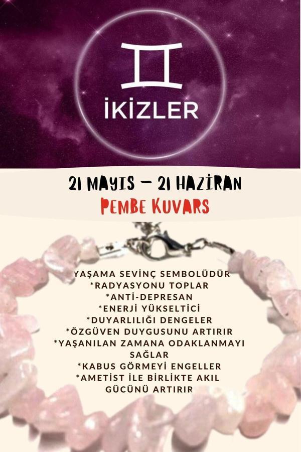 Sertifikalı Burç Taşı Ikizler Burcu Pembe Kuvars Taşı Bileklik - Image 1
