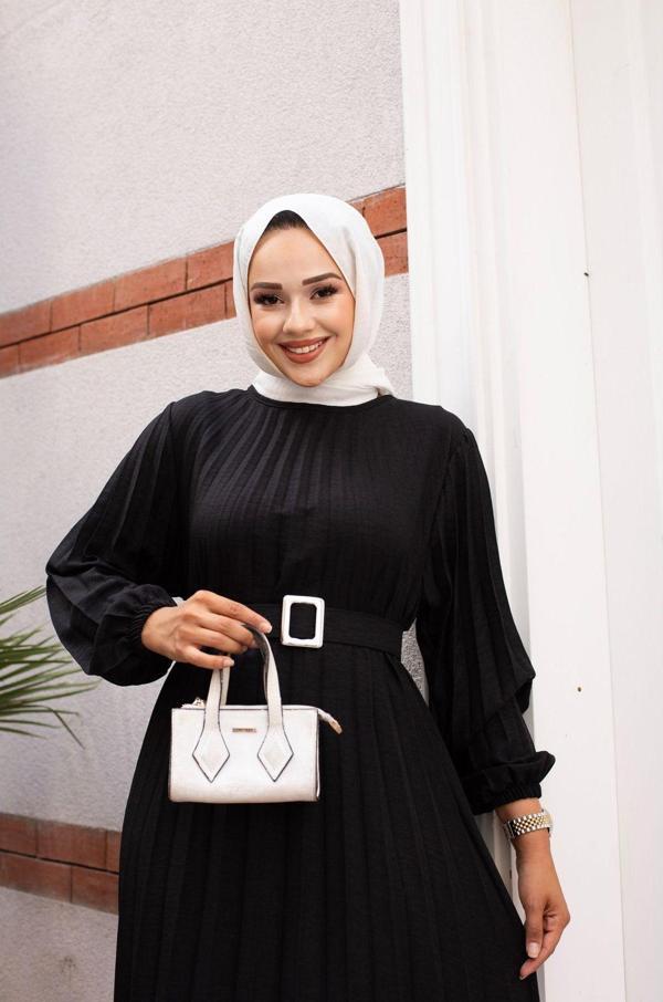 Sfg Life Moda Kadın Bisiklet Yaka,Kolu Lastikli Ve Kemerli Şık Piliseli Keten Elbise Siyah L - Image 1