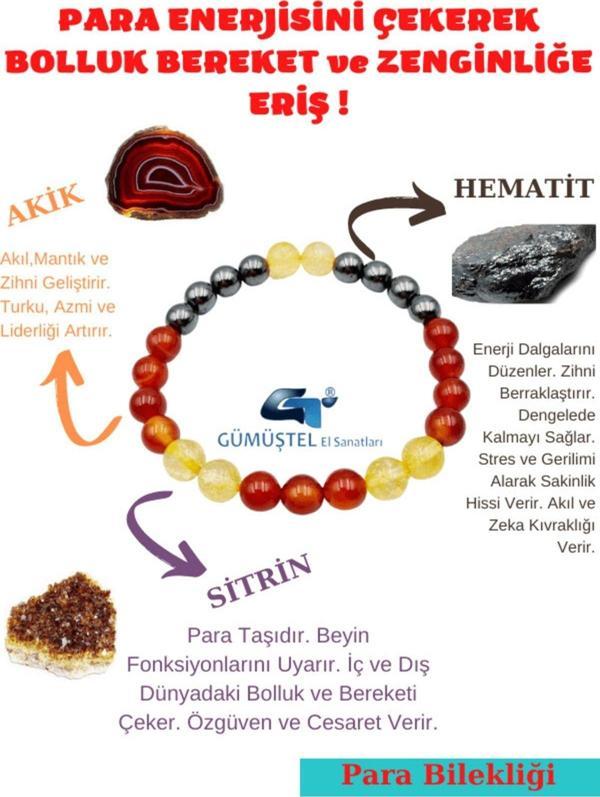 Sertifikalı Para Bereket Ve Zenginlik Doğal Taş Tılsım Bilekliği Akik-hematit-sitrin Taşı Doğaltaş - Image 1