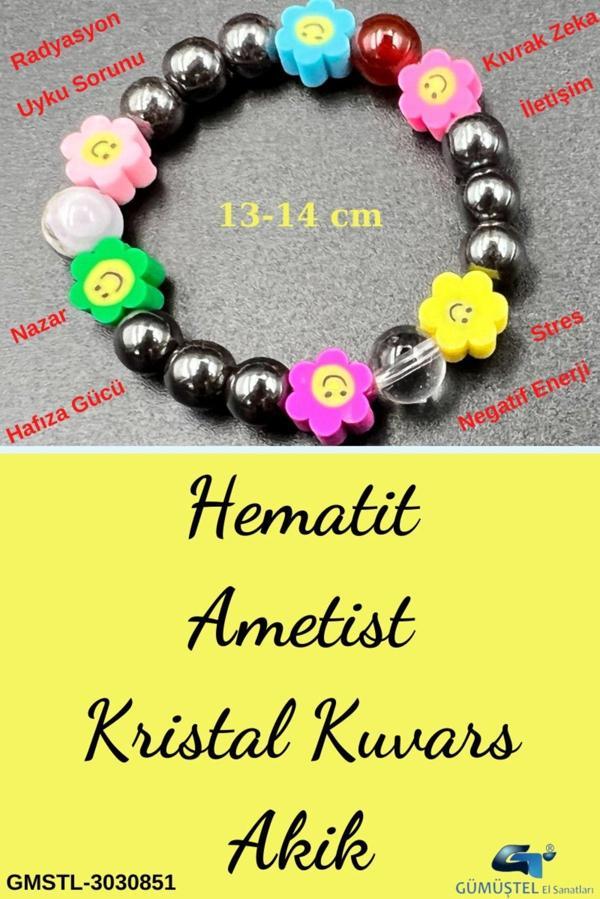 Sertifikalı Doğal Taş Çocuk Bilekliği Ametist Hematit Kristal Kuvars Akik - Image 1