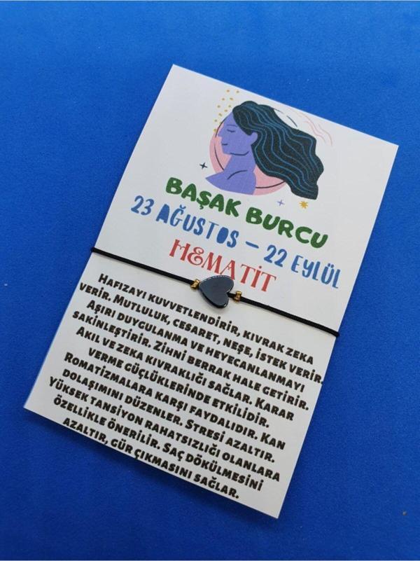 Sertifikalı Başak Burcu Kalp Hematit Doğal Taş Ip Burç Bilekliği - Image 1