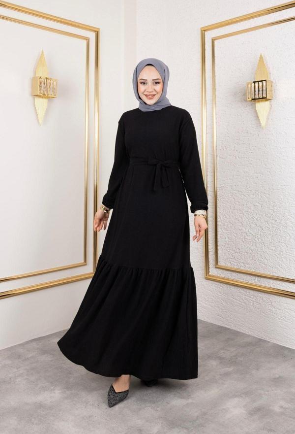 Sfg Life Moda Kadın Belden Kuşaklı Ve Bisiklet Yaka Bürümcük Kumaş Elbise Siyah M-L - Image 1