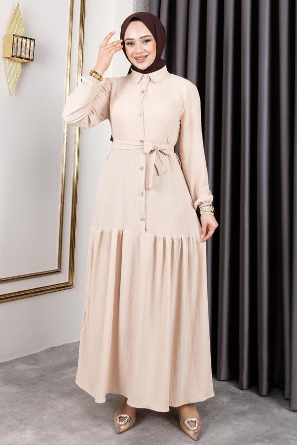 Sfg Life Moda Kadın Belden Kuşaklı Ve Bisiklet Yaka Ve Önü Düğmeli Bürümcük Kumaş Elbise Krem L-XL - Image 1