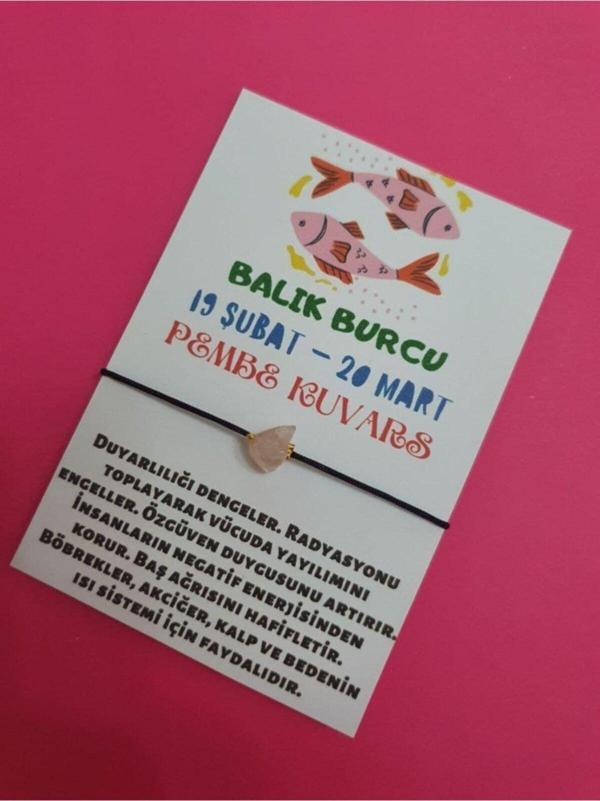 Sertifikalı Balık Burcu Pembe Kuvars Doğal Taşlı Ip Burç Bilekliği - Image 1