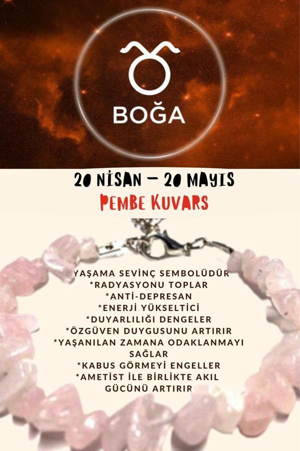 Sertifikalı Burç Taşı Boğa Burcu Pembe Kuvars Taşı Bileklik - Image 1