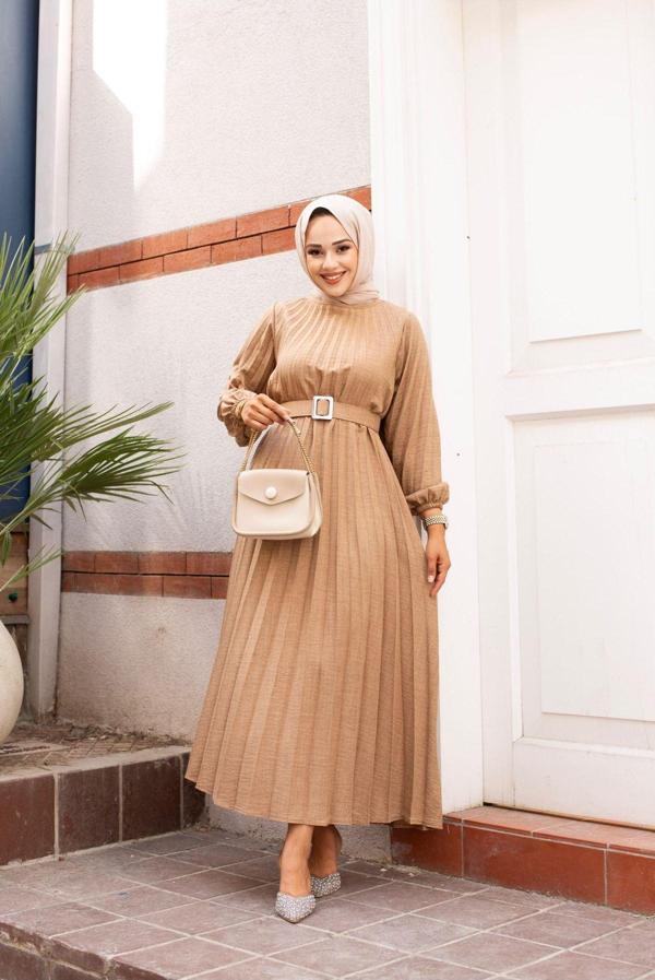 Sfg Life Moda Kadın Bisiklet Yaka,Kolu Lastikli Ve Kemerli Şık Piliseli Keten Elbise Vizon L - Image 1