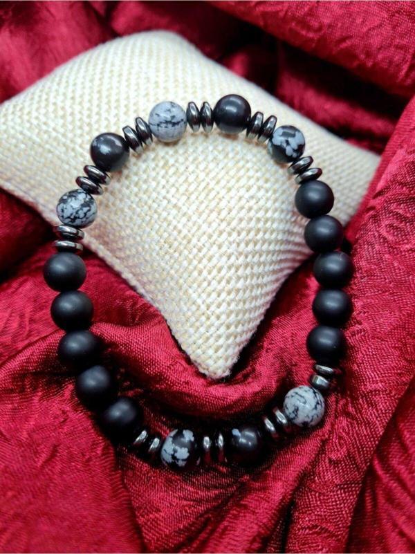 Sertifikalı Obsidyen Hematit Oniks Doğal Taş Bileklik - Image 1
